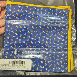 Blue pocket Square 13x13 w yellow orange & white flowers, bright yellow border